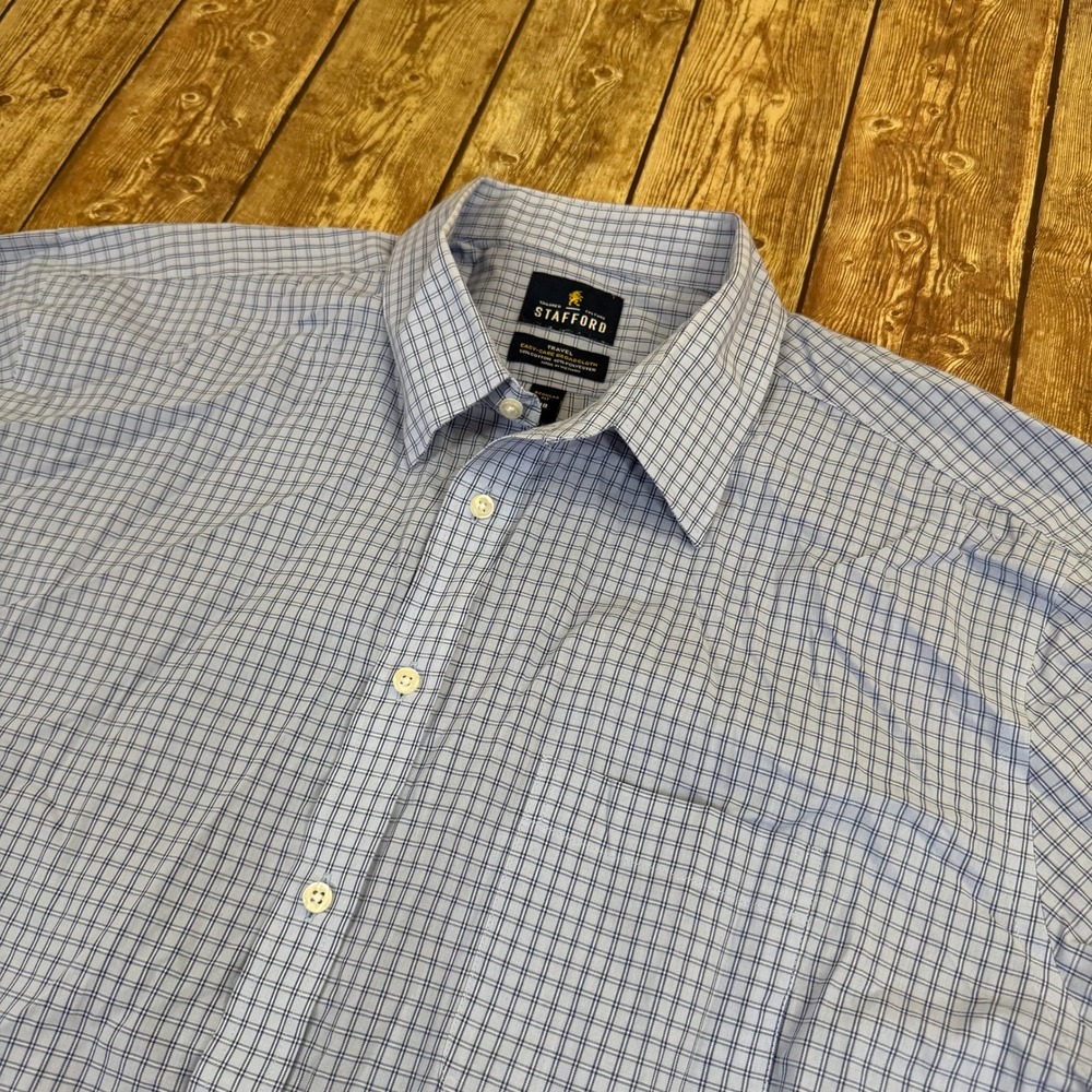 Stafford Travel Broadcloth Shirt Mens 18 Light Blue Plaid Regular Fit Pocket